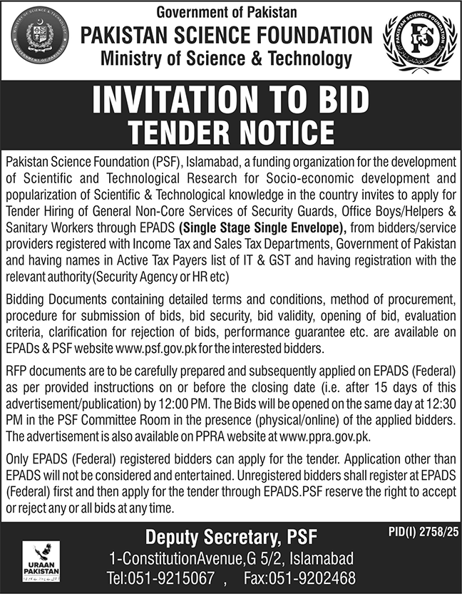Pakistan Science Foundation Islamabad Tender Notice